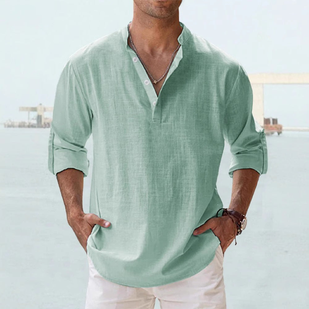 Flax collar long-sleeved T-shirt