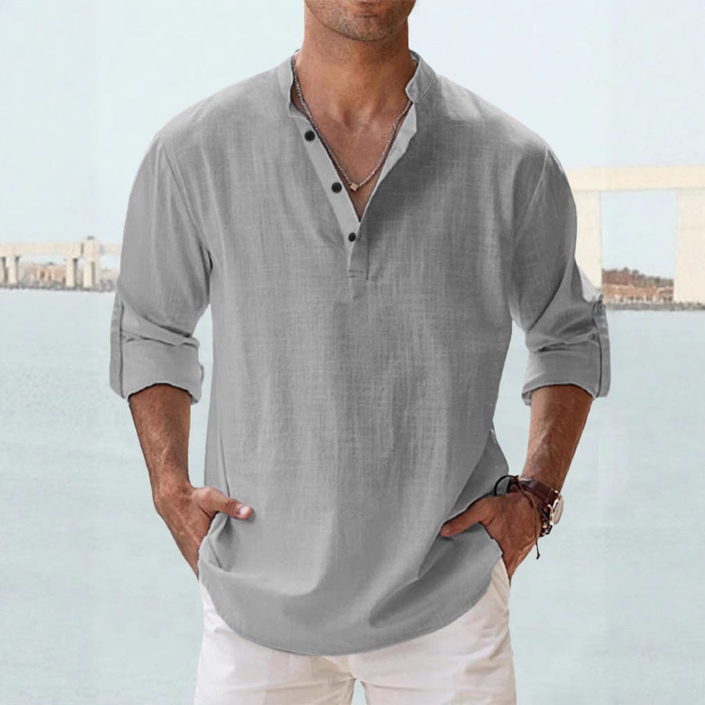 Flax collar long-sleeved T-shirt