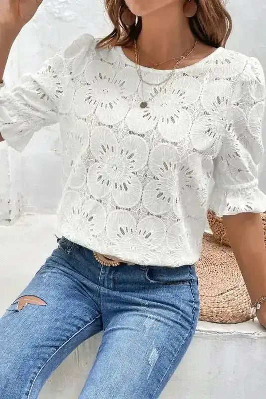 White Flower Eyelet Jacquard Top