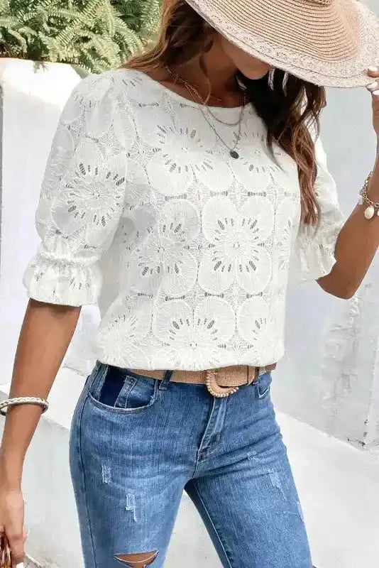 White Flower Eyelet Jacquard Top
